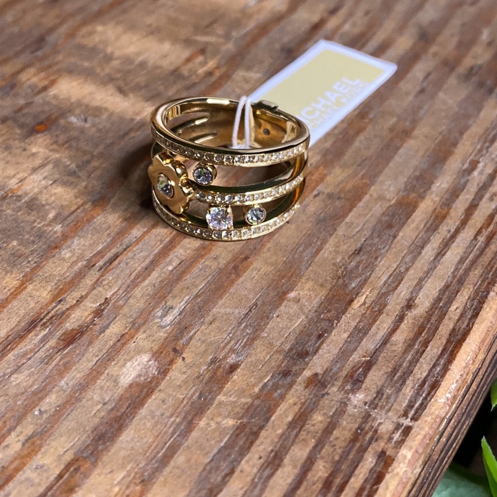 Michael Kors Gold Tone Flower Power Layered Ring with Clear Crystal Details - Picture 3 of 16